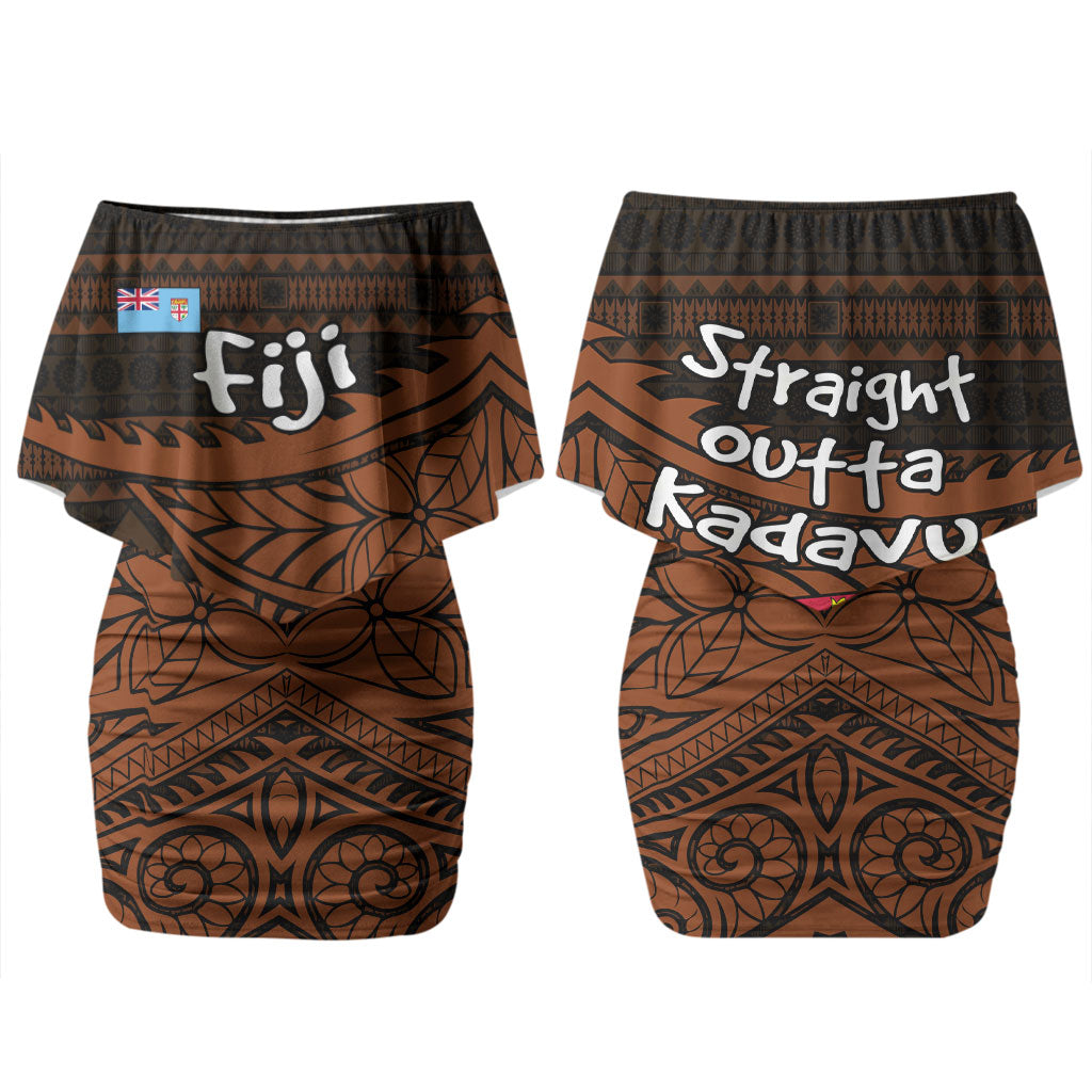 Straight Outta Kadavu Fiji Family Matching Off Shoulder Short Dress and Hawaiian Shirt Tribal Polynesian Tattoo Coat Of Arms Flag TS04 Mom's Dress Brown Black - Polynesian Pride