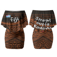 Straight Outta Kadavu Fiji Family Matching Off Shoulder Short Dress and Hawaiian Shirt Tribal Polynesian Tattoo Coat Of Arms Flag TS04 Mom's Dress Brown Black - Polynesian Pride