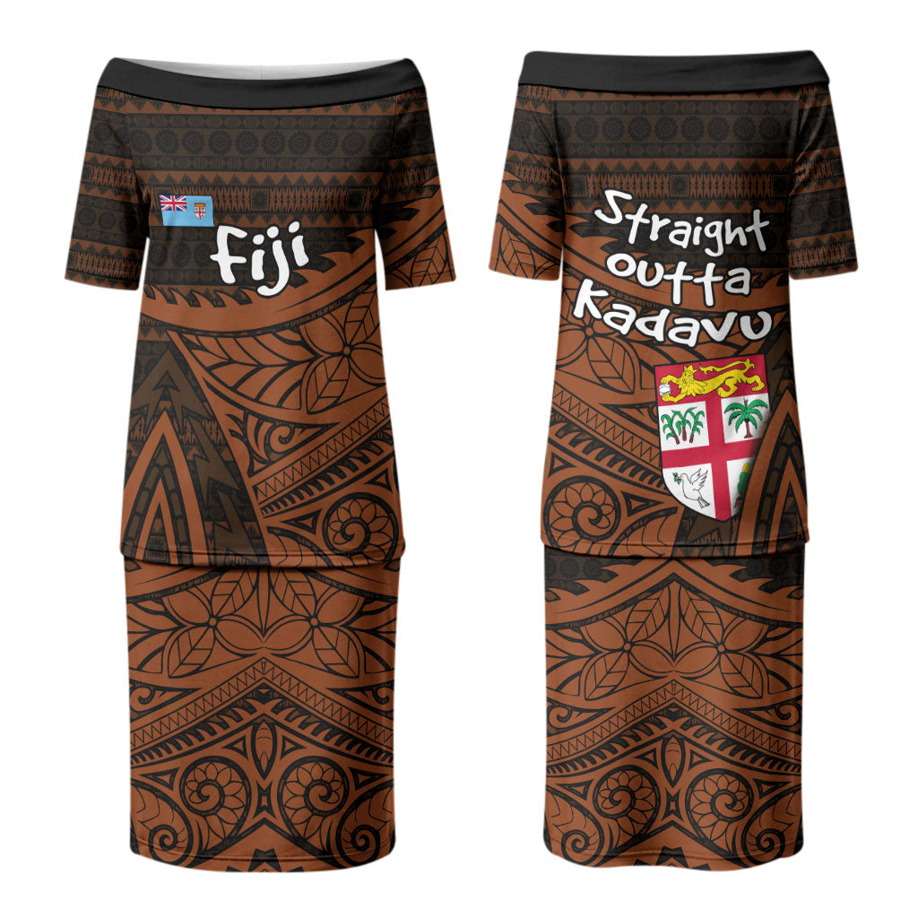 Straight Outta Kadavu Fiji Family Matching Puletasi and Hawaiian Shirt Tribal Polynesian Tattoo Coat Of Arms Flag TS04 Mom's Dress Brown Black - Polynesian Pride