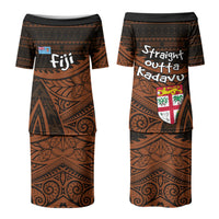 Straight Outta Kadavu Fiji Family Matching Puletasi and Hawaiian Shirt Tribal Polynesian Tattoo Coat Of Arms Flag TS04 Mom's Dress Brown Black - Polynesian Pride