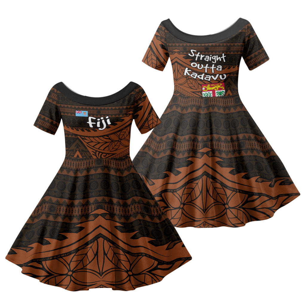 Straight Outta Kadavu Fiji Family Matching Short Sleeve Bodycon Dress and Hawaiian Shirt Tribal Polynesian Tattoo Coat Of Arms Flag TS04 Daughter's Dress Brown Black - Polynesian Pride