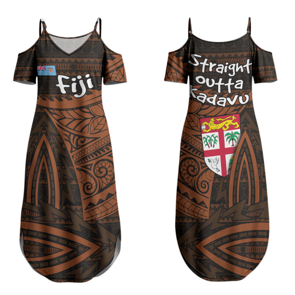 Straight Outta Kadavu Fiji Family Matching Summer Maxi Dress and Hawaiian Shirt Tribal Polynesian Tattoo Coat Of Arms Flag TS04 Mom's Dress Brown Black - Polynesian Pride