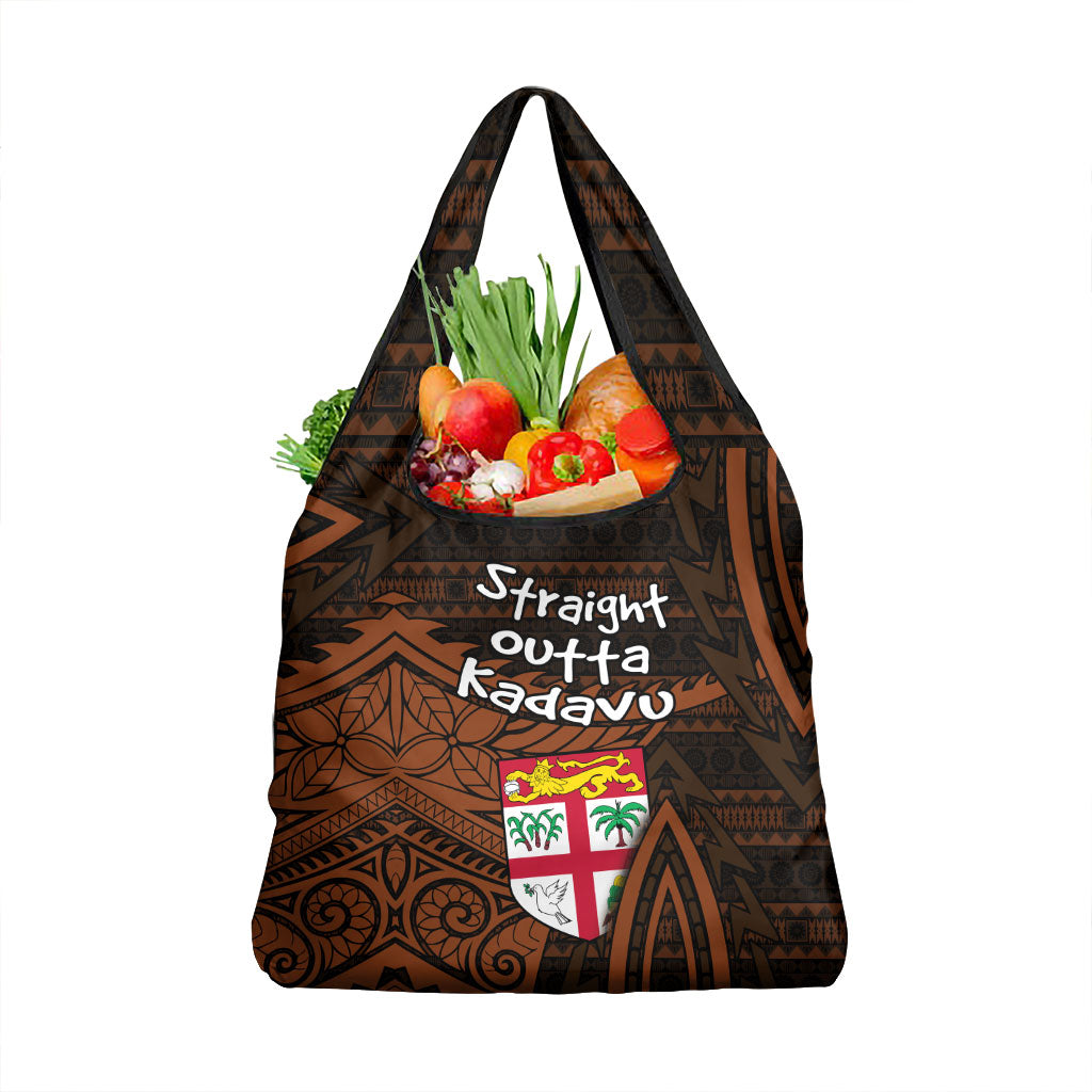Straight Outta Kadavu Fiji Grocery Bag Tribal Polynesian Tattoo Coat Of Arms Flag TS04 1-pack One Size Brown Black - Polynesian Pride