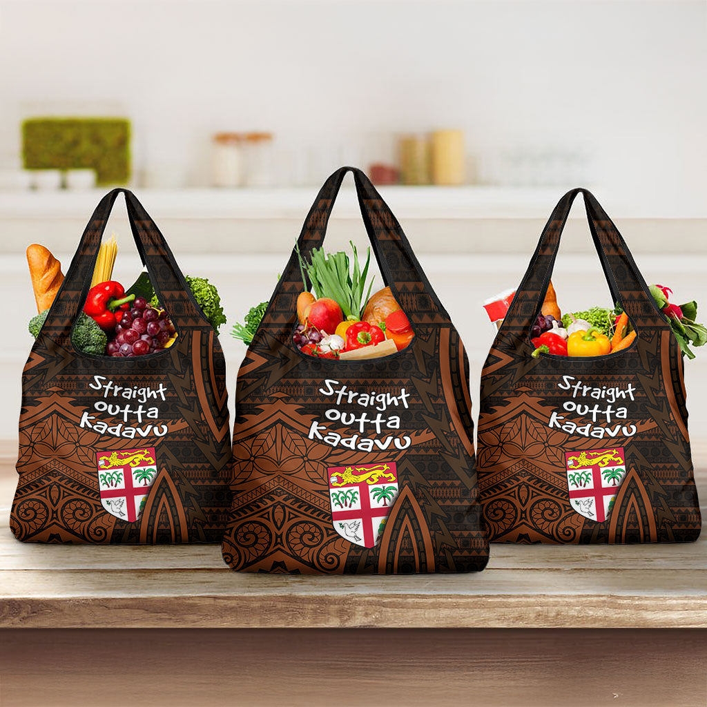 Straight Outta Kadavu Fiji Grocery Bag Tribal Polynesian Tattoo Coat Of Arms Flag TS04 3-pack One Size Brown Black - Polynesian Pride