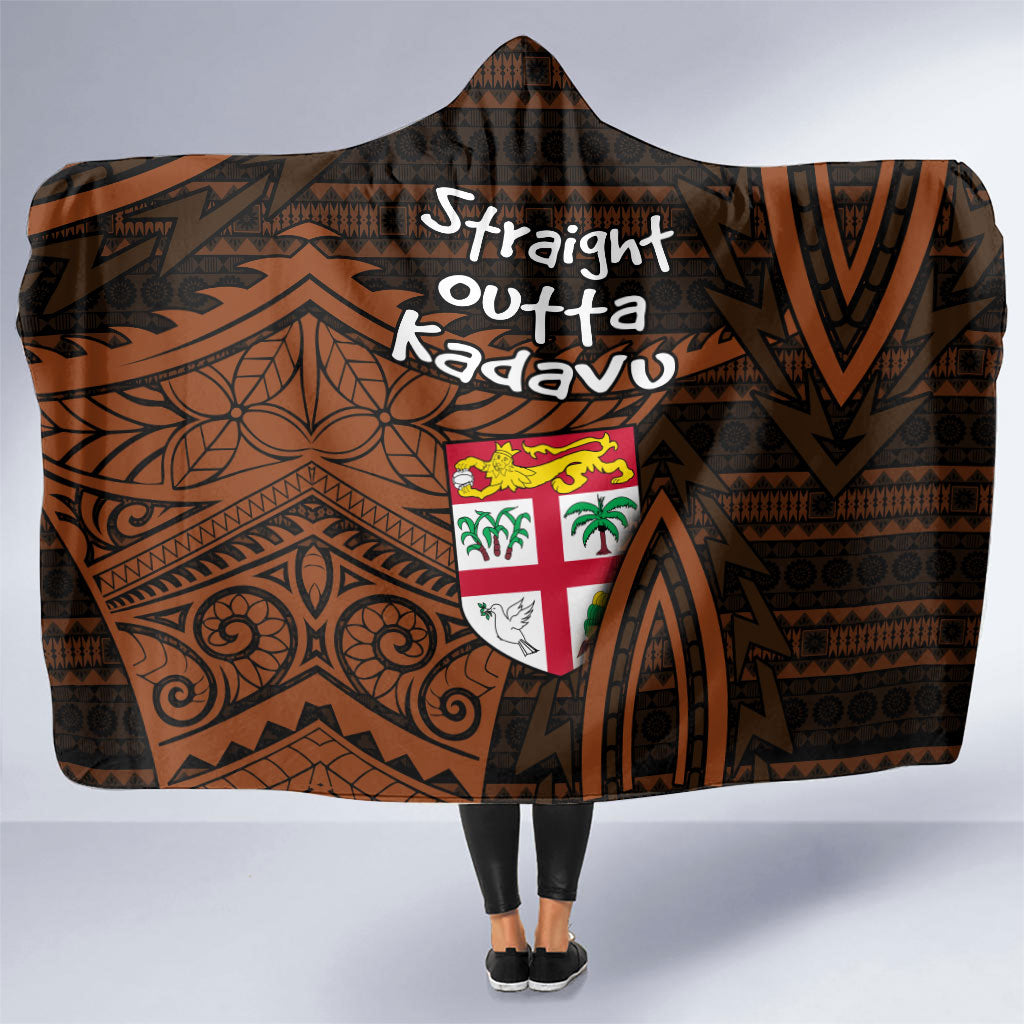 Straight Outta Kadavu Fiji Hooded Blanket Tribal Polynesian Tattoo Coat Of Arms Flag TS04 One Size Brown Black - Polynesian Pride