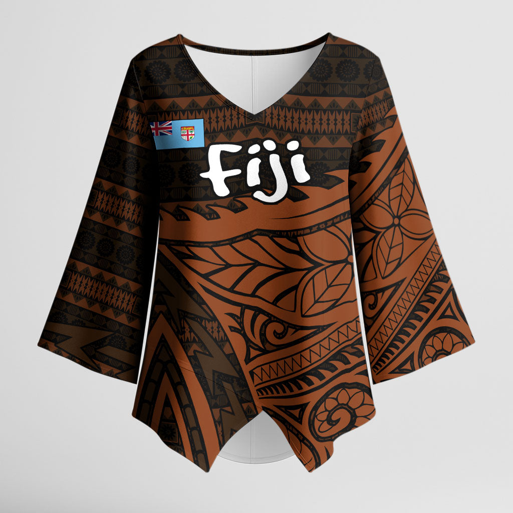 Straight Outta Kadavu Fiji Kimono Sleeve Blouse Tribal Polynesian Tattoo Coat Of Arms Flag TS04 Female Brown Black - Polynesian Pride