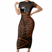 Straight Outta Kadavu Fiji Short Sleeve Bodycon Dress Tribal Polynesian Tattoo Coat Of Arms Flag TS04 Long Dress Brown Black - Polynesian Pride