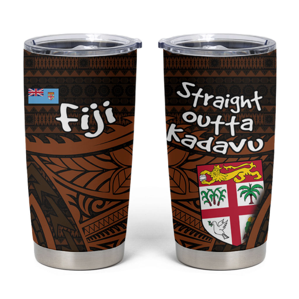 Straight Outta Kadavu Fiji Tumbler Cup Tribal Polynesian Tattoo Coat Of Arms Flag TS04 Brown Black - Polynesian Pride