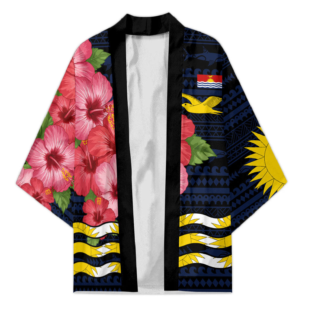 Kiribati Kimono Tropical Pink Hibiscus Flowers Polynesian Tribal TS04 Unisex Blue Black - Polynesian Pride