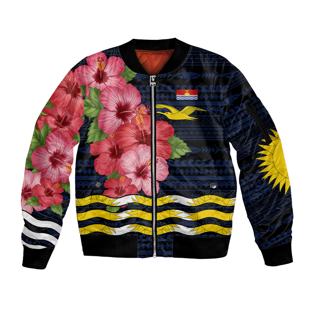 Kiribati Sleeve Zip Bomber Jacket Tropical Pink Hibiscus Flowers Polynesian Tribal TS04 Unisex Blue Black - Polynesian Pride