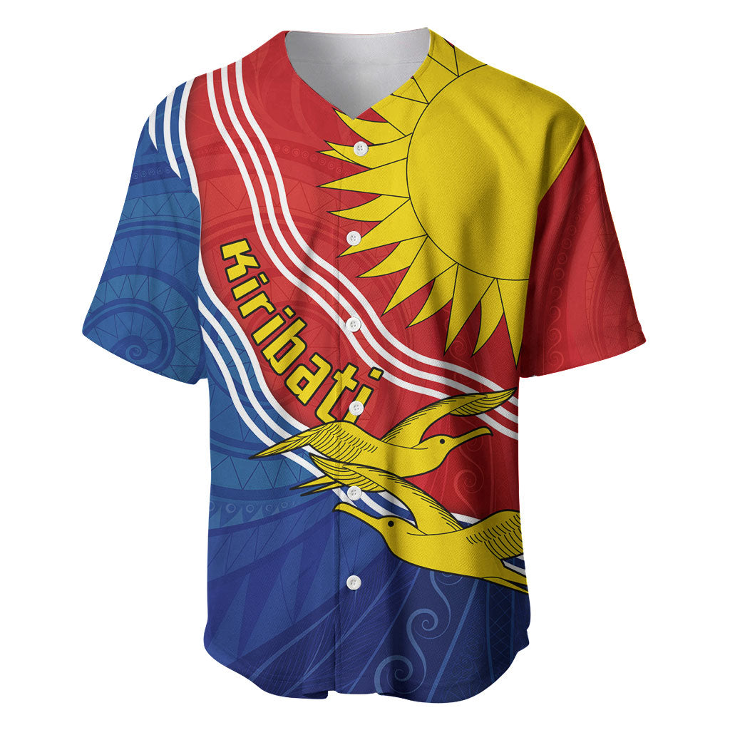 Kiribati Flag Coat Of Arms Baseball Jersey Sun Rising Frigatebird Pacific Island Tribal Pattern TS04 Red Yellow - Polynesian Pride