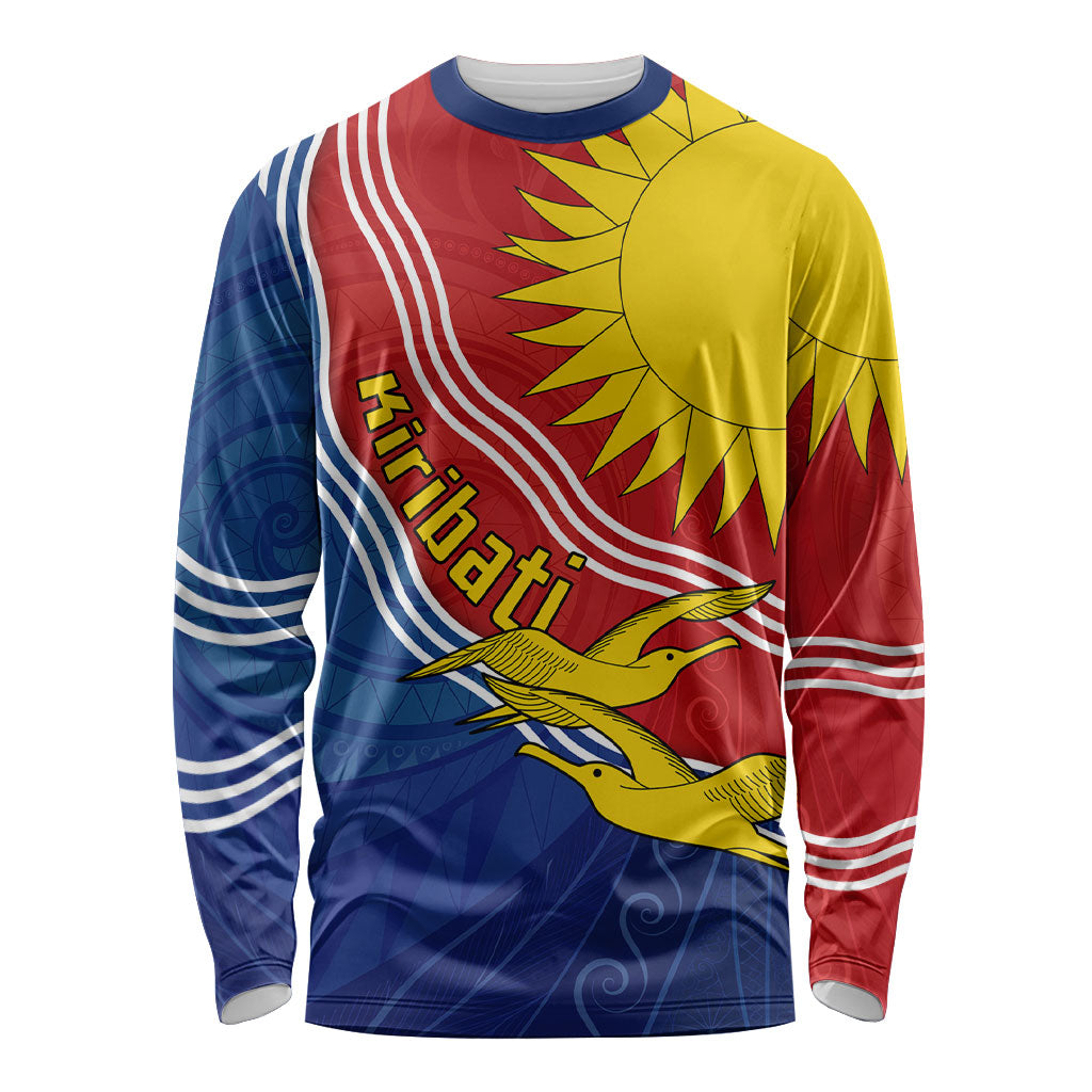 Kiribati Flag Coat Of Arms Long Sleeve Shirt Sun Rising Frigatebird Pacific Island Tribal Pattern TS04 Unisex Red Yellow - Polynesian Pride
