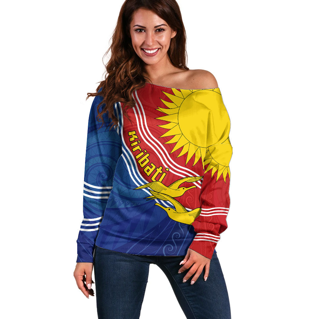 Kiribati Flag Coat Of Arms Off Shoulder Sweater Sun Rising Frigatebird Pacific Island Tribal Pattern TS04 Women Red Yellow - Polynesian Pride
