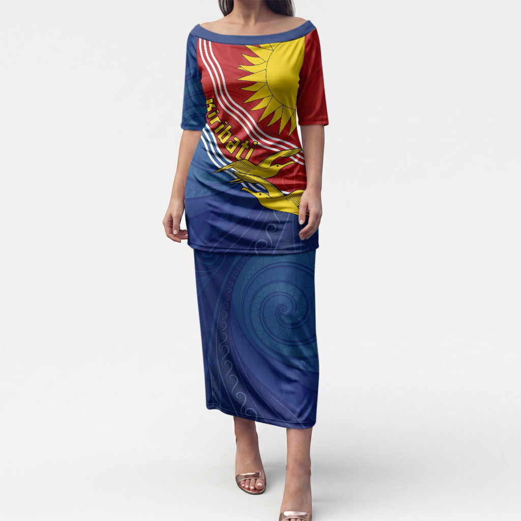 Kiribati Flag Coat Of Arms Puletasi Sun Rising Frigatebird Pacific Island Tribal Pattern TS04 Long Dress Red Yellow - Polynesian Pride