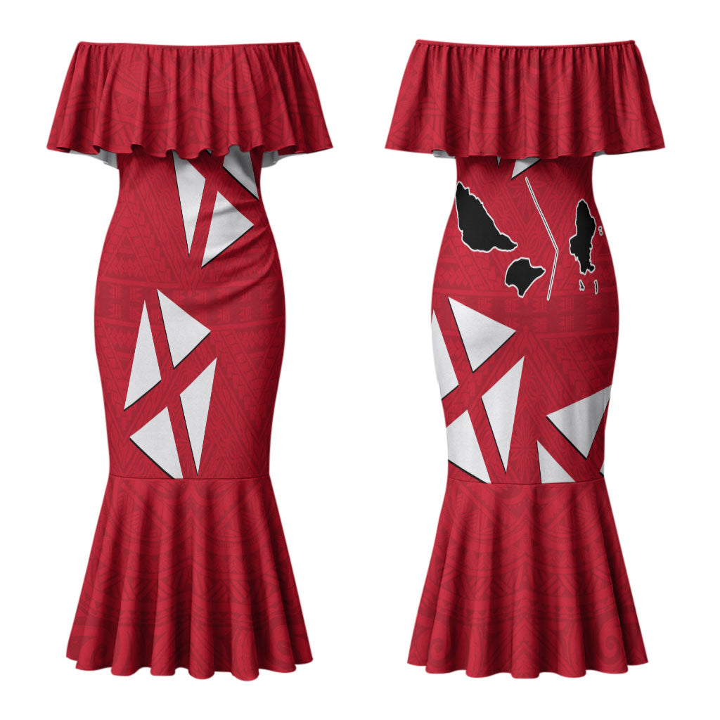 Wallis And Futuna Couples Matching Mermaid Dress and Long Sleeve Button Shirt Polynesian Tattoo Flag Map TS04 - Polynesian Pride