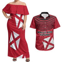 Wallis And Futuna Couples Matching Off Shoulder Maxi Dress and Hawaiian Shirt Polynesian Tattoo Flag Map TS04 Red Black - Polynesian Pride