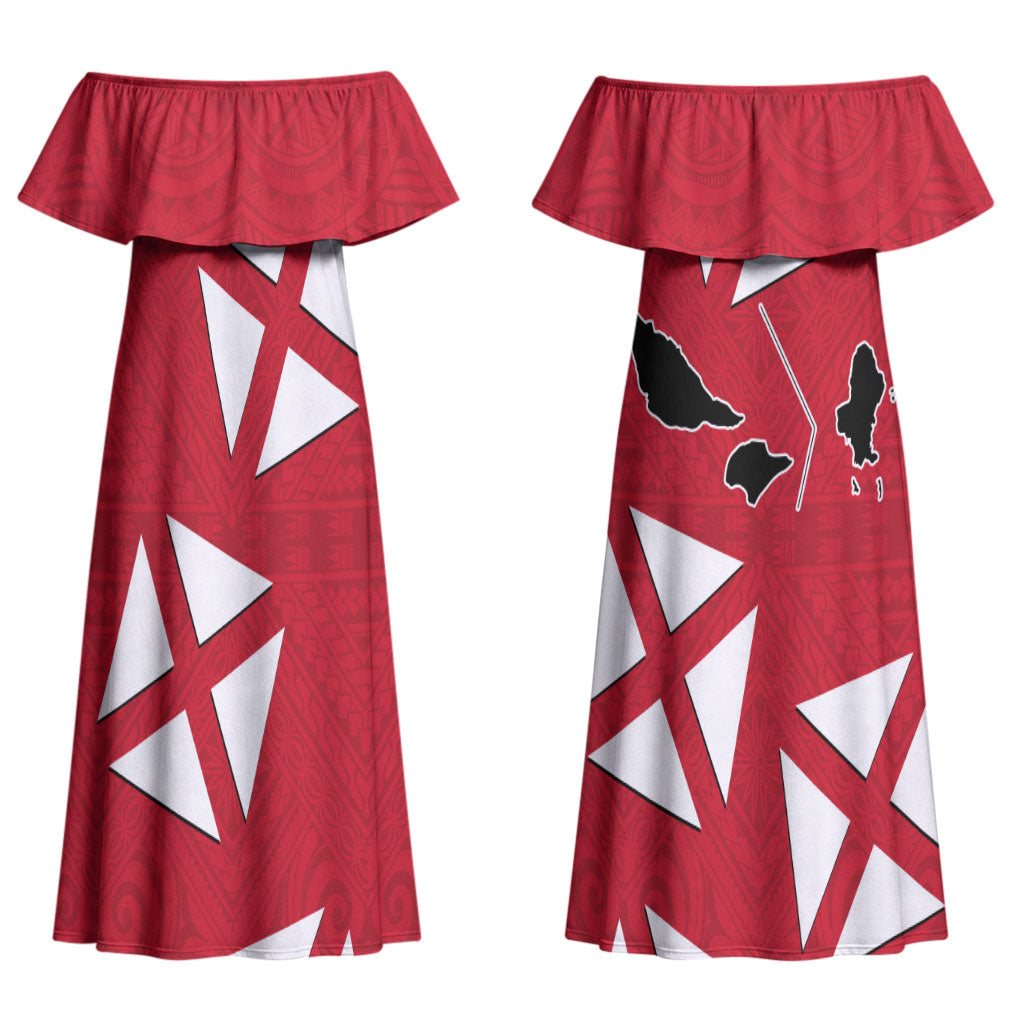 Wallis And Futuna Couples Matching Off Shoulder Maxi Dress and Long Sleeve Button Shirt Polynesian Tattoo Flag Map TS04 - Polynesian Pride