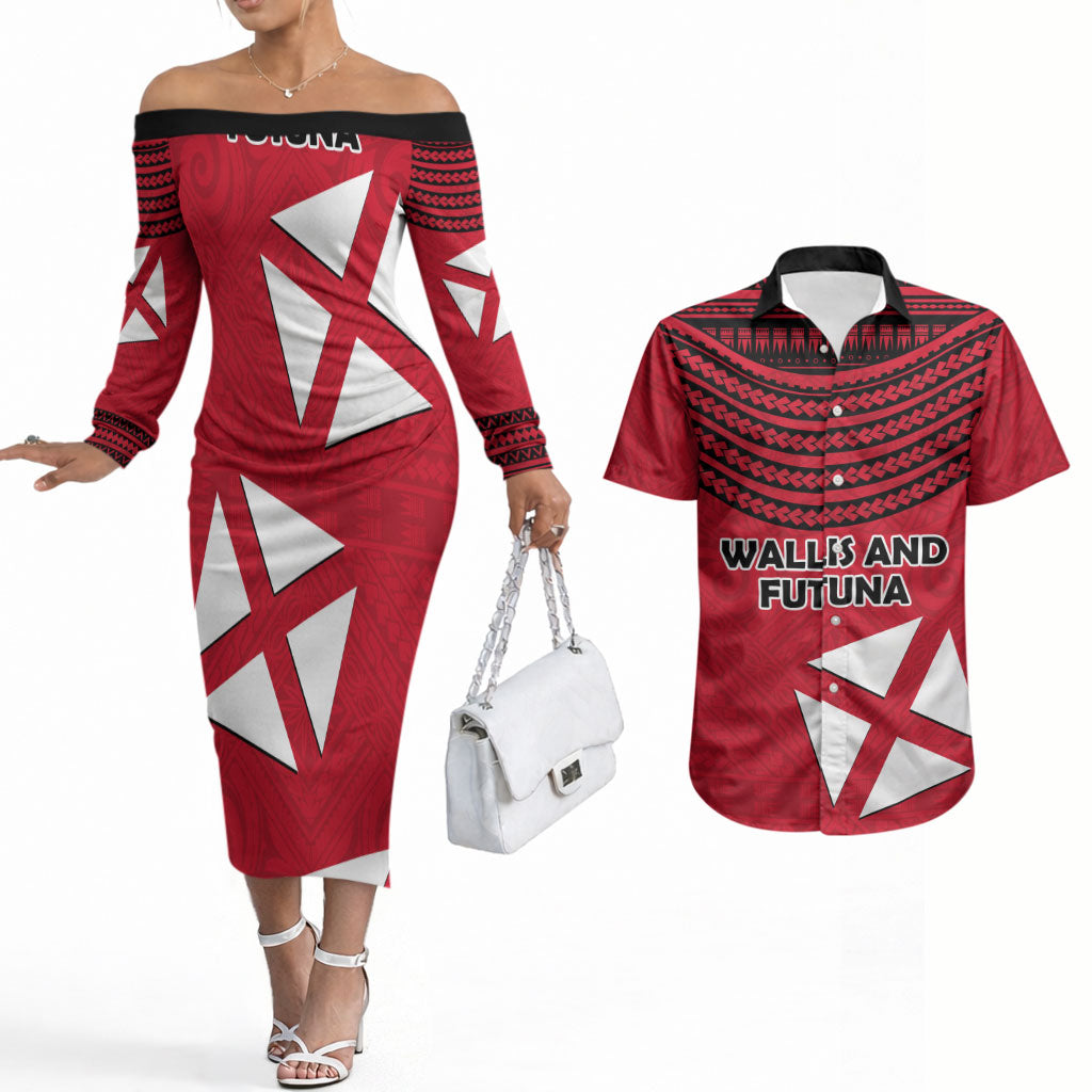 Wallis And Futuna Couples Matching Off The Shoulder Long Sleeve Dress and Hawaiian Shirt Polynesian Tattoo Flag Map TS04 Red Black - Polynesian Pride