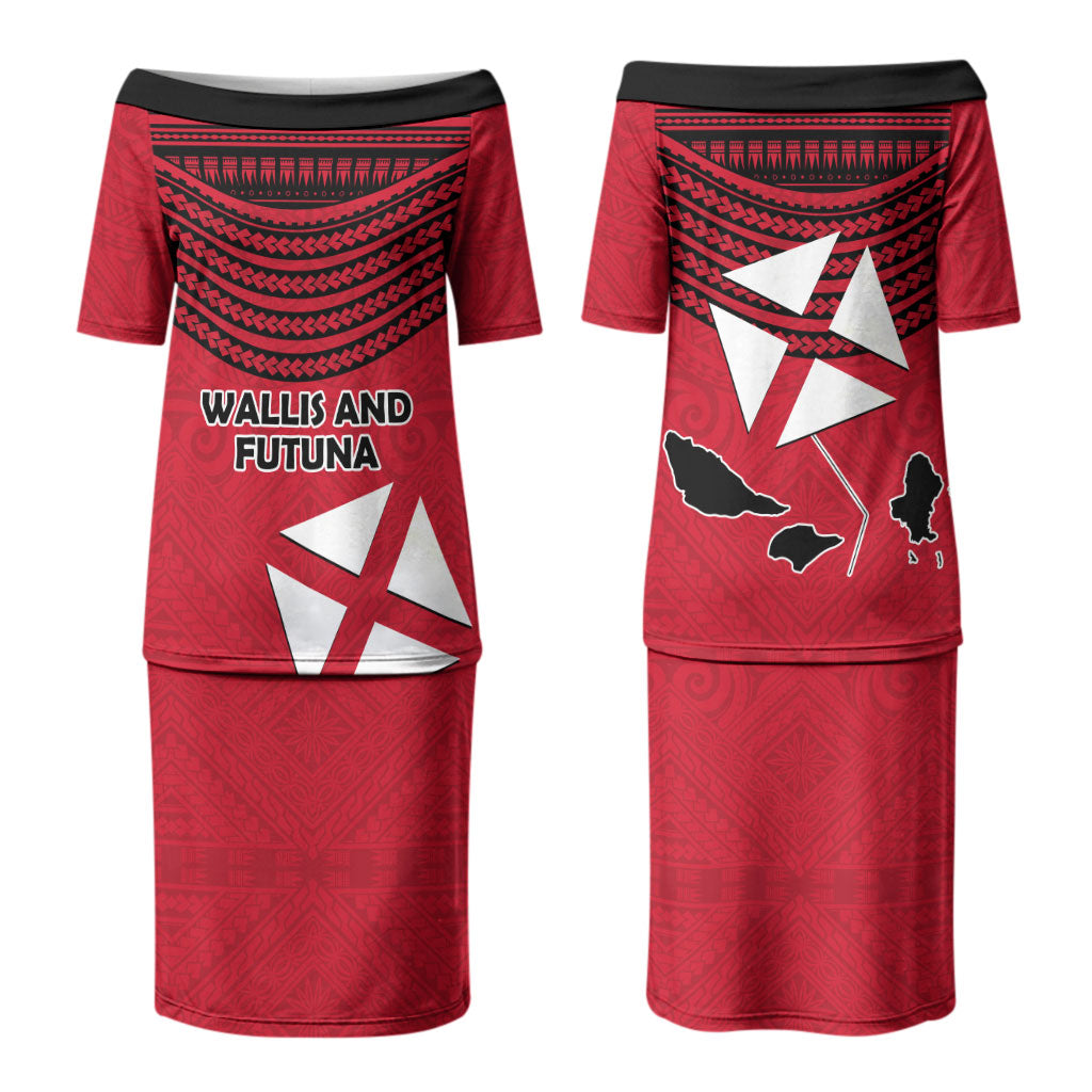 Wallis And Futuna Couples Matching Puletasi and Long Sleeve Button Shirt Polynesian Tattoo Flag Map