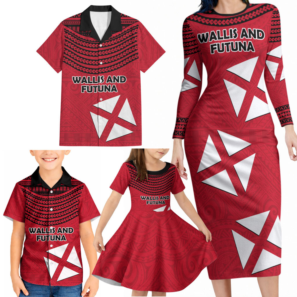 Wallis And Futuna Family Matching Long Sleeve Bodycon Dress and Hawaiian Shirt Polynesian Tattoo Flag Map