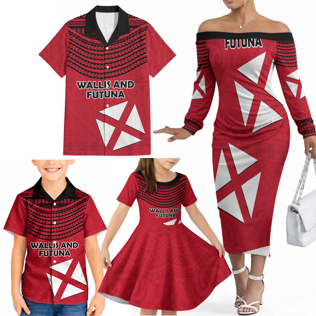 Wallis And Futuna Family Matching Off The Shoulder Long Sleeve Dress and Hawaiian Shirt Polynesian Tattoo Flag Map TS04 - Polynesian Pride
