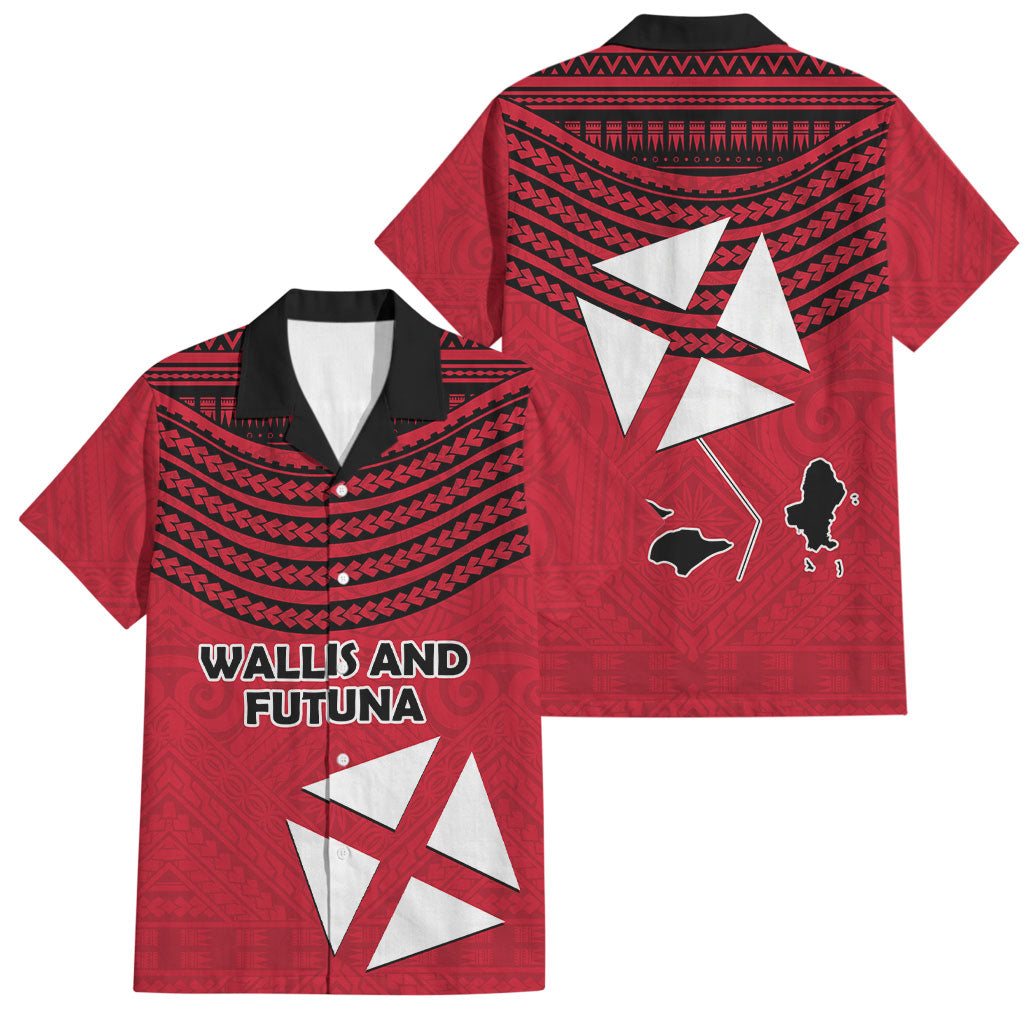 Wallis And Futuna Family Matching Off Shoulder Short Dress and Hawaiian Shirt Polynesian Tattoo Flag Map TS04 Dad's Shirt - Short Sleeve Red Black - Polynesian Pride