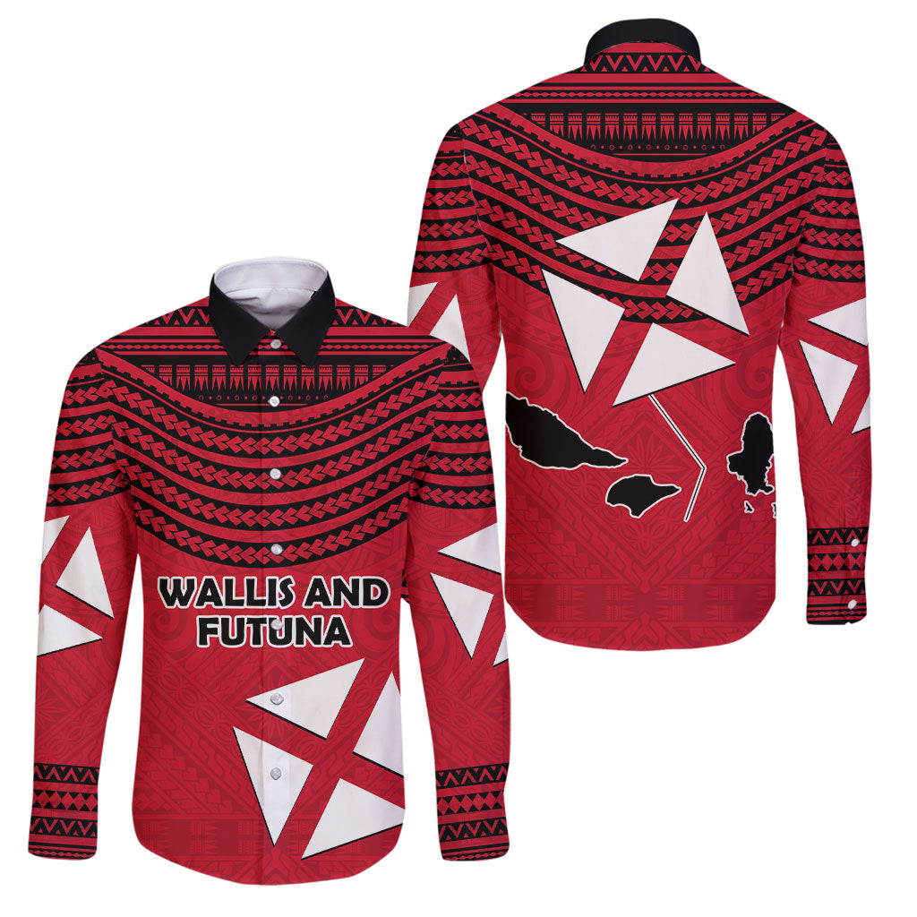 Wallis And Futuna Family Matching Summer Maxi Dress and Hawaiian Shirt Polynesian Tattoo Flag Map TS04 Dad's Shirt - Long Sleeve Red Black - Polynesian Pride