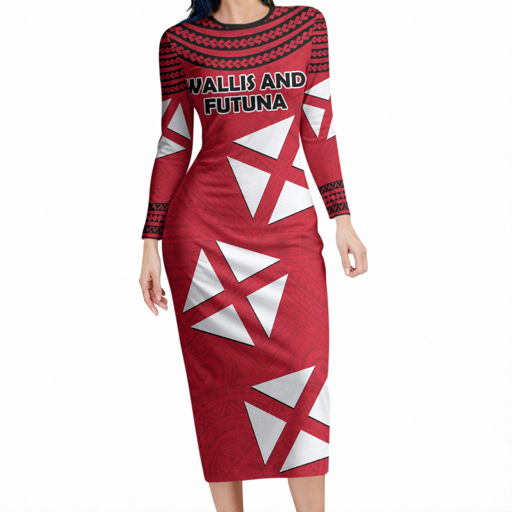 Wallis And Futuna Long Sleeve Bodycon Dress Polynesian Tattoo Flag Map