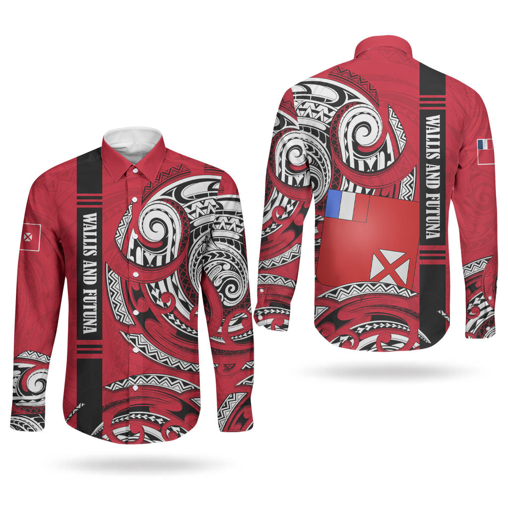 Wallis And Futuna Couples Matching Off The Shoulder Long Sleeve Dress and Long Sleeve Button Shirt Tribal Polynesian Tattoo Flag Motif TS04 - Polynesian Pride