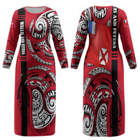 Wallis And Futuna Family Matching Long Sleeve Bodycon Dress and Hawaiian Shirt Tribal Polynesian Tattoo Flag Motif TS04 Mom's Dress Red Black - Polynesian Pride