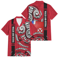Wallis And Futuna Family Matching Off Shoulder Maxi Dress and Hawaiian Shirt Tribal Polynesian Tattoo Flag Motif TS04 Dad's Shirt - Short Sleeve Red Black - Polynesian Pride