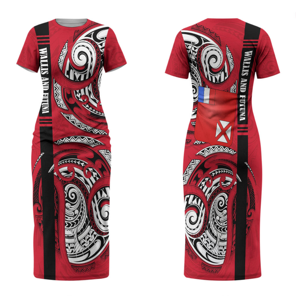 Wallis And Futuna Family Matching Short Sleeve Bodycon Dress and Hawaiian Shirt Tribal Polynesian Tattoo Flag Motif TS04 Mom's Dress Red Black - Polynesian Pride