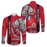 Wallis And Futuna Family Matching Summer Maxi Dress and Hawaiian Shirt Tribal Polynesian Tattoo Flag Motif TS04 Dad's Shirt - Long Sleeve Red Black - Polynesian Pride