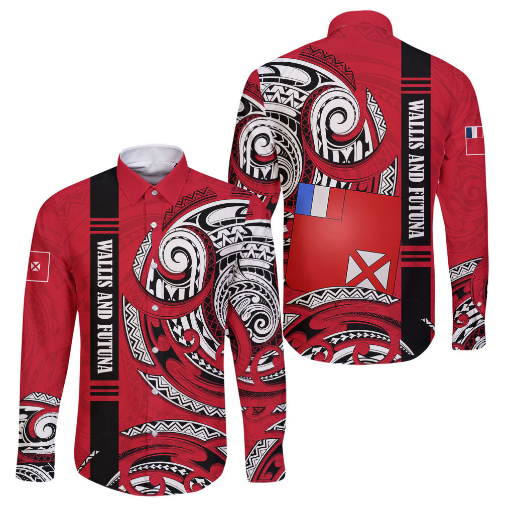 Wallis And Futuna Family Matching Tank Maxi Dress and Hawaiian Shirt Tribal Polynesian Tattoo Flag Motif TS04 Dad's Shirt - Long Sleeve Red Black - Polynesian Pride