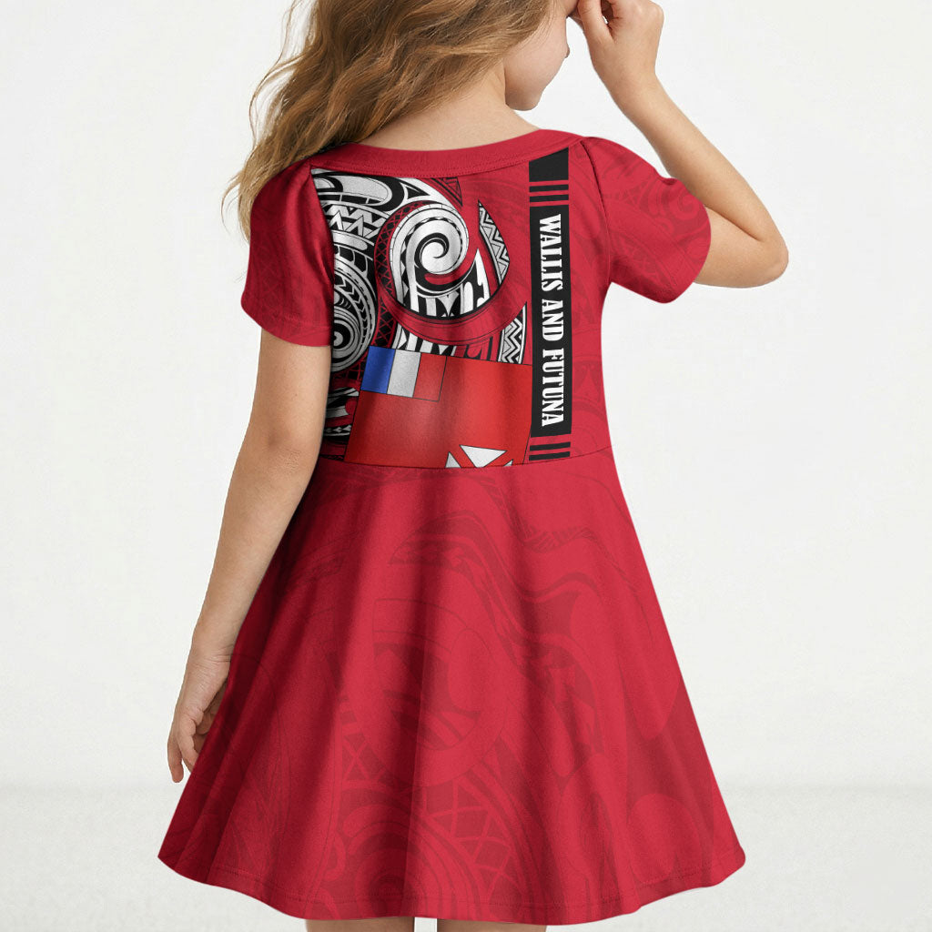 Wallis And Futuna Kid Short Sleeve Dress Tribal Polynesian Tattoo Flag Motif TS04 - Polynesian Pride