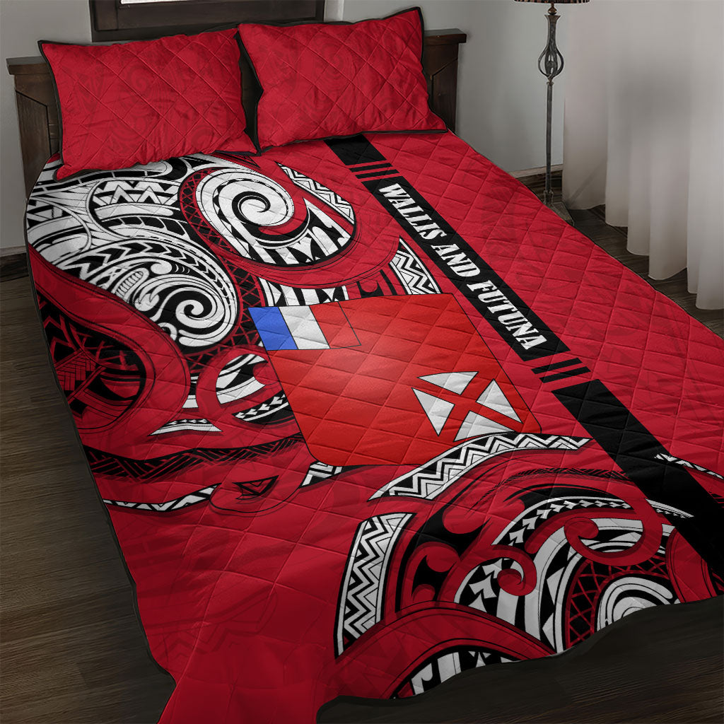Wallis And Futuna Quilt Bed Set Tribal Polynesian Tattoo Flag Motif TS04 Red Black - Polynesian Pride