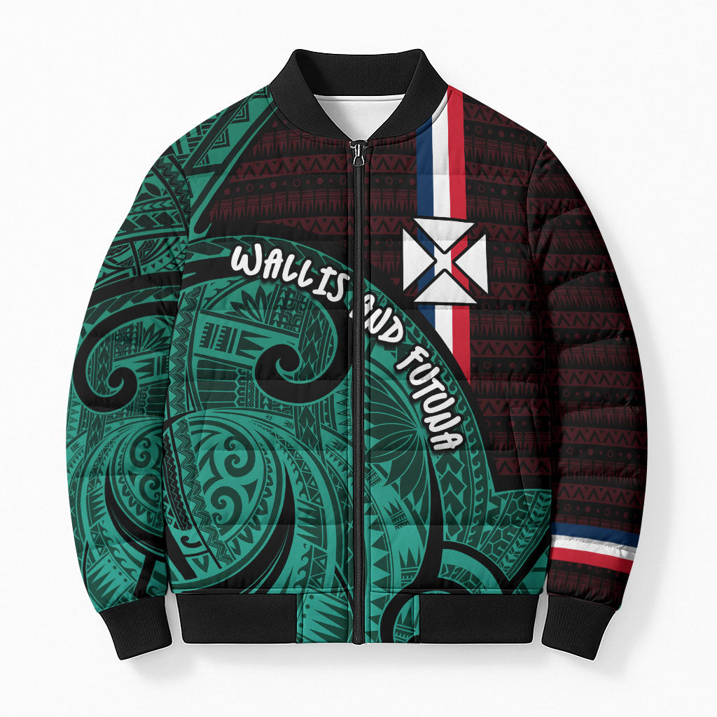 Wallis And Futuna Bomber Puffer Jacket Tribal Polynesian Tattoo Heritage Cross Flag
