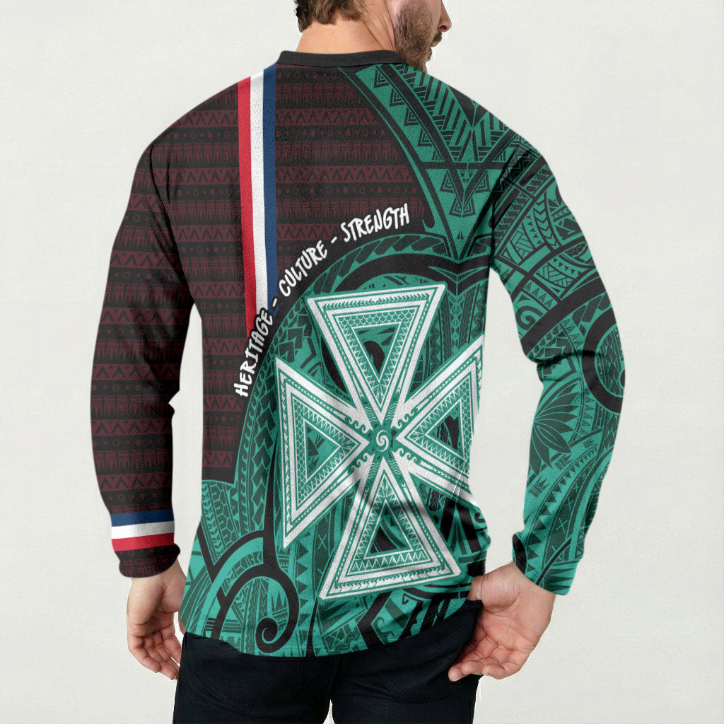 Wallis And Futuna Button Sweatshirt Tribal Polynesian Tattoo Heritage Cross Flag