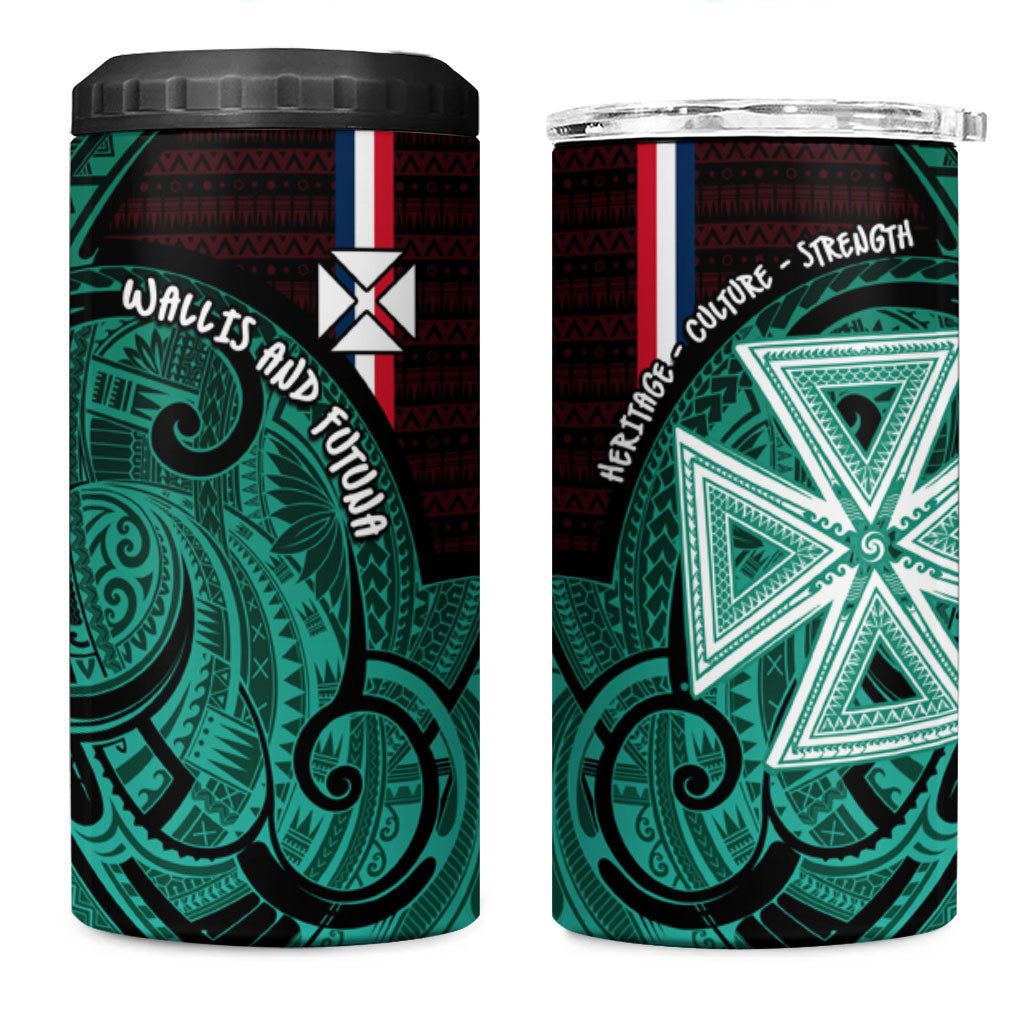 Wallis And Futuna 4 in 1 Can Cooler Tumbler Tribal Polynesian Tattoo Heritage Cross Flag