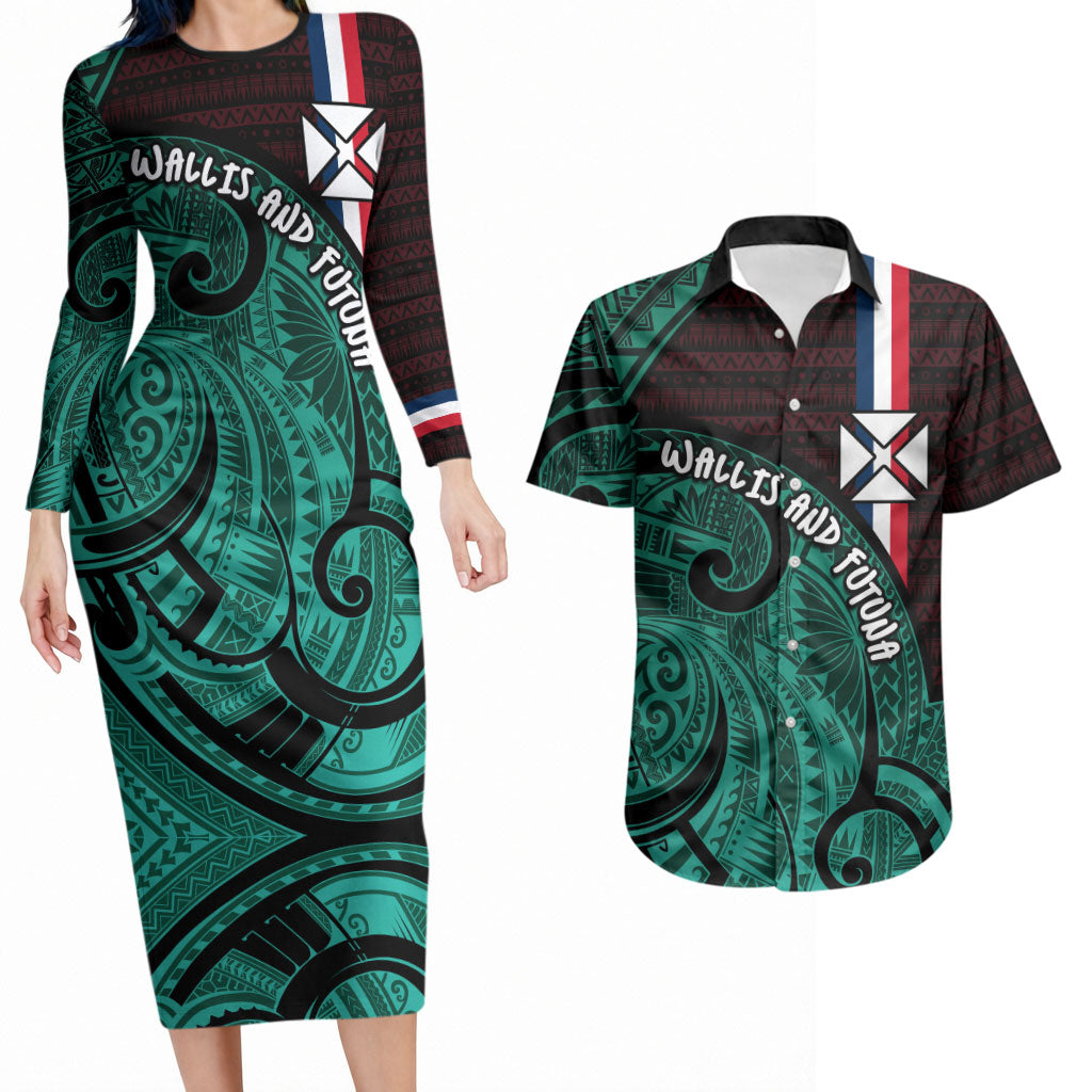 Wallis And Futuna Couples Matching Long Sleeve Bodycon Dress and Hawaiian Shirt Tribal Polynesian Tattoo Heritage Cross Flag