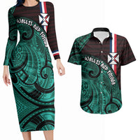 Wallis And Futuna Couples Matching Long Sleeve Bodycon Dress and Hawaiian Shirt Tribal Polynesian Tattoo Heritage Cross Flag TS04 Green Black - Polynesian Pride