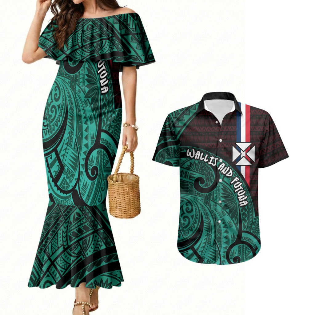 Wallis And Futuna Couples Matching Mermaid Dress and Hawaiian Shirt Tribal Polynesian Tattoo Heritage Cross Flag