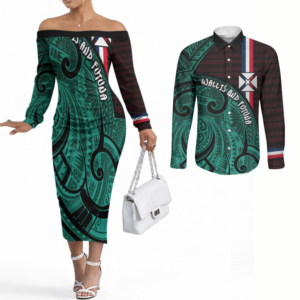 Wallis And Futuna Couples Matching Off The Shoulder Long Sleeve Dress and Long Sleeve Button Shirt Tribal Polynesian Tattoo Heritage Cross Flag