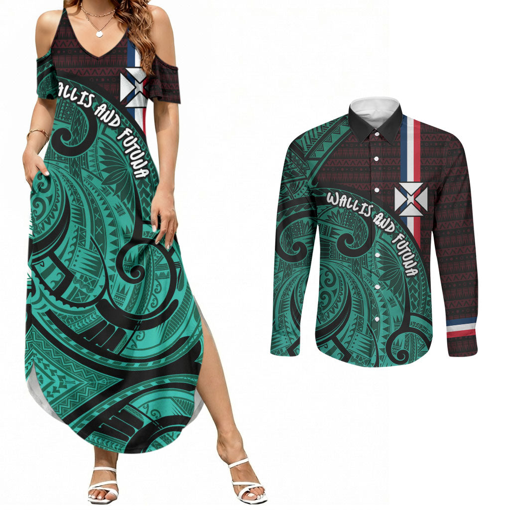 Wallis And Futuna Couples Matching Summer Maxi Dress and Long Sleeve Button Shirt Tribal Polynesian Tattoo Heritage Cross Flag