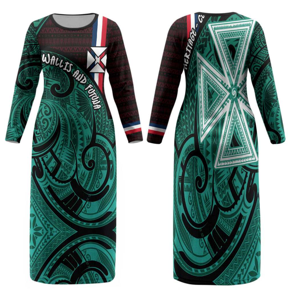 Wallis And Futuna Family Matching Long Sleeve Bodycon Dress and Hawaiian Shirt Tribal Polynesian Tattoo Heritage Cross Flag TS04 Mom's Dress Green Black - Polynesian Pride