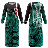Wallis And Futuna Family Matching Long Sleeve Bodycon Dress and Hawaiian Shirt Tribal Polynesian Tattoo Heritage Cross Flag TS04 Mom's Dress Green Black - Polynesian Pride