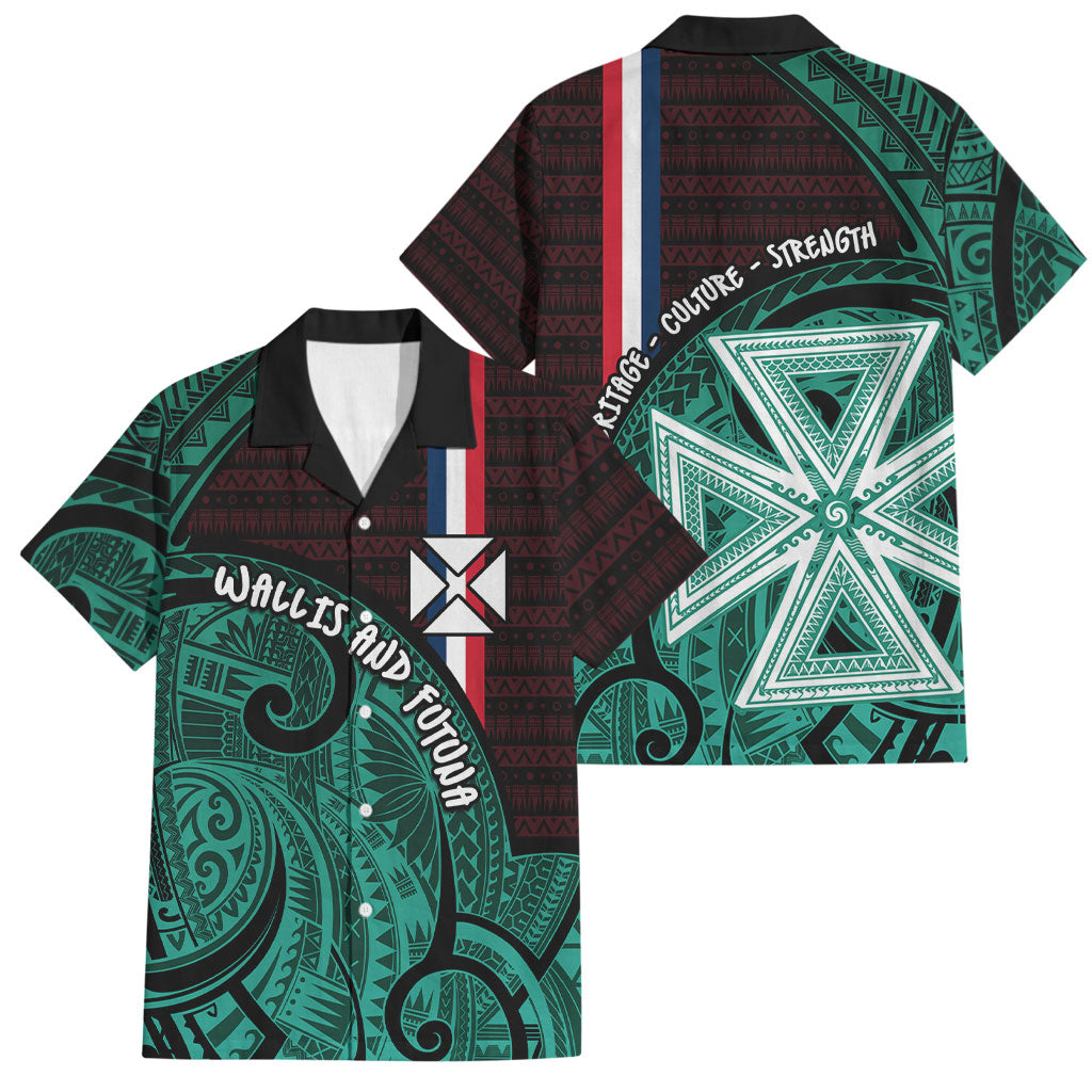 Wallis And Futuna Family Matching Mermaid Dress and Hawaiian Shirt Tribal Polynesian Tattoo Heritage Cross Flag TS04 Dad's Shirt - Short Sleeve Green Black - Polynesian Pride