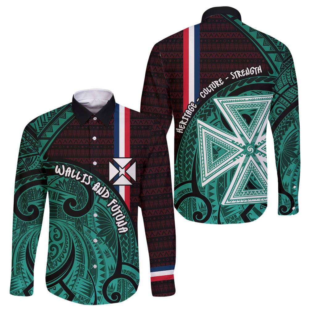 Wallis And Futuna Family Matching Mermaid Dress and Hawaiian Shirt Tribal Polynesian Tattoo Heritage Cross Flag TS04 Dad's Shirt - Long Sleeve Green Black - Polynesian Pride