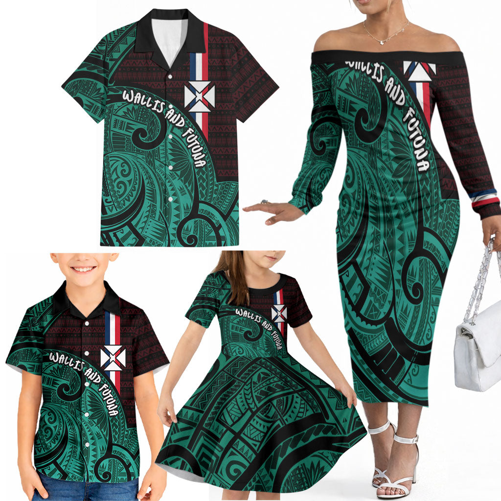 Wallis And Futuna Family Matching Off The Shoulder Long Sleeve Dress and Hawaiian Shirt Tribal Polynesian Tattoo Heritage Cross Flag TS04 - Polynesian Pride