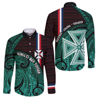 Wallis And Futuna Family Matching Off Shoulder Maxi Dress and Hawaiian Shirt Tribal Polynesian Tattoo Heritage Cross Flag TS04 Dad's Shirt - Long Sleeve Green Black - Polynesian Pride